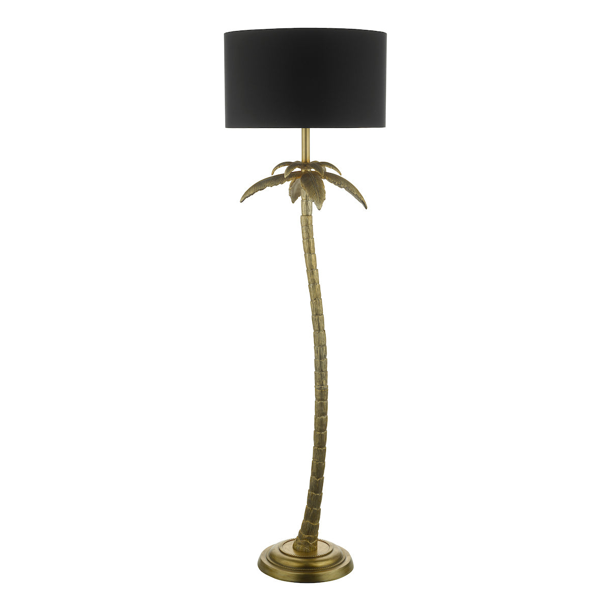 Freyza - Floor Lamp Antique Gold | Tropical Palm Tree Design with Black Fabric Shade | Quirky Gold Leaf Standing Light with Inline Foot Switch