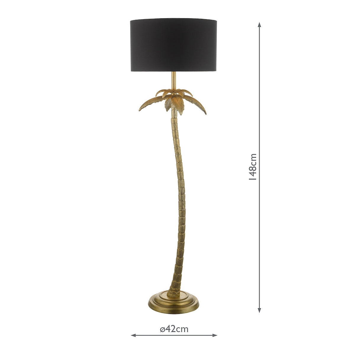 Freyza - Floor Lamp Antique Gold | Tropical Palm Tree Design with Black Fabric Shade | Quirky Gold Leaf Standing Light with Inline Foot Switch