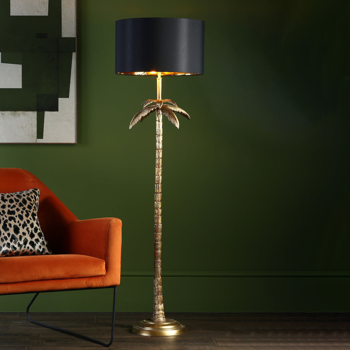 Freyza - Floor Lamp Antique Gold | Tropical Palm Tree Design with Black Fabric Shade | Quirky Gold Leaf Standing Light with Inline Foot Switch