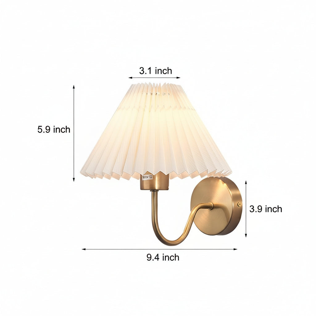 Freyza - LED Wall Sconce Light – Vintage Metallic Armed Pleated Fabric Shade (36x14cm / 14.2x5.5in)