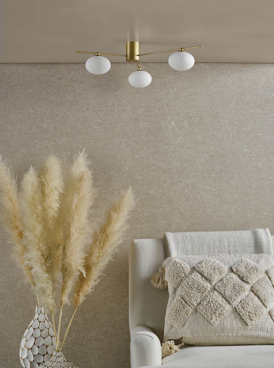 Freyza – Dar Jasper 3-flammige Deckenleuchte, Satin-Gold und opalweißes Glas