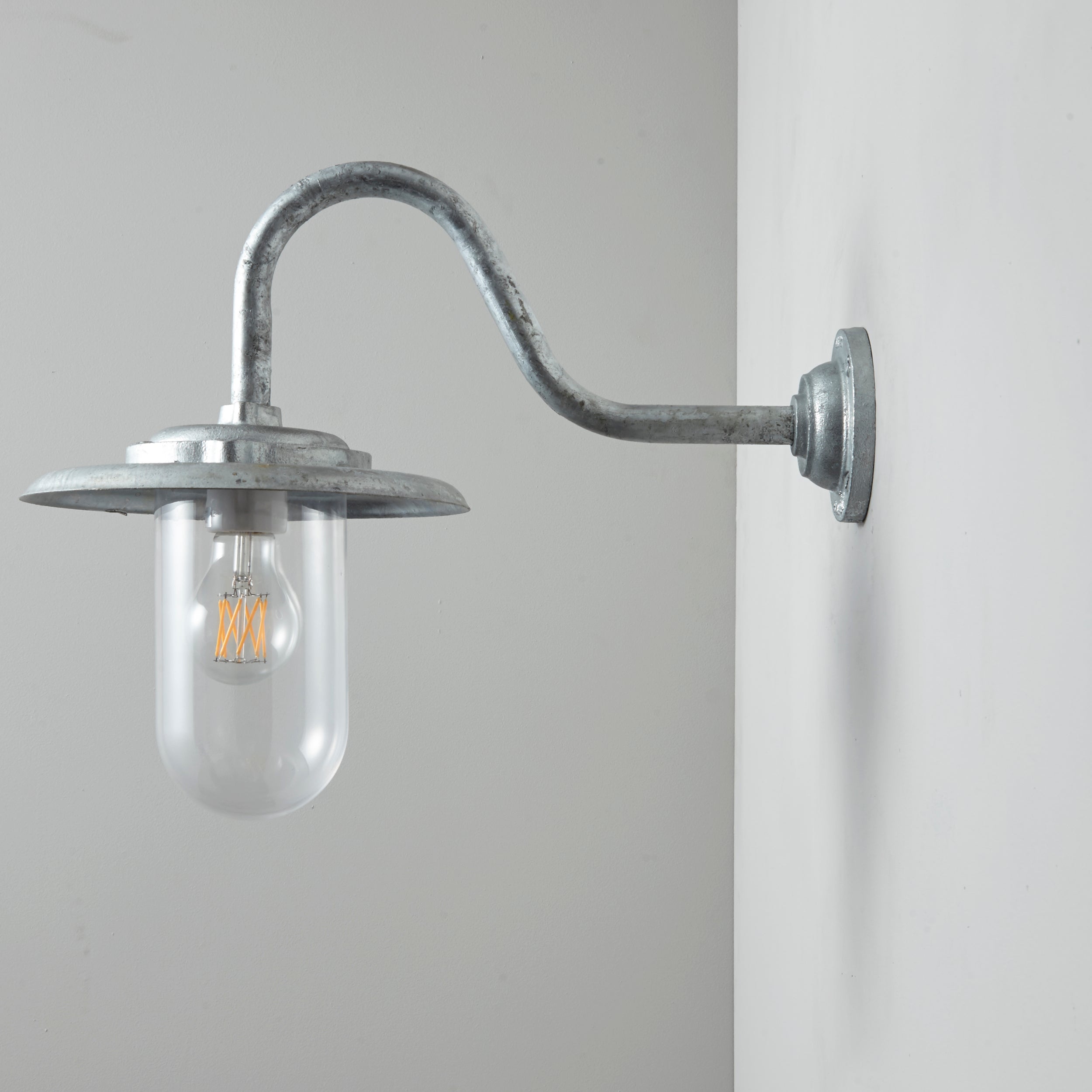 Freyza - Davey Lighting Galvanised Exterior Swan Neck Wall Light 7677, Clear Glass