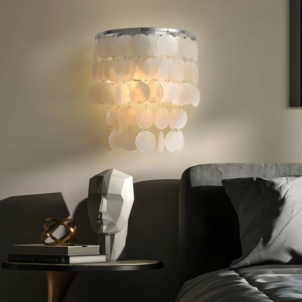 Freyza - Coastal Capiz Shell LED Wall Sconce – Natural Sea Shell Bedside Wall Lamp - Gold/Chrome