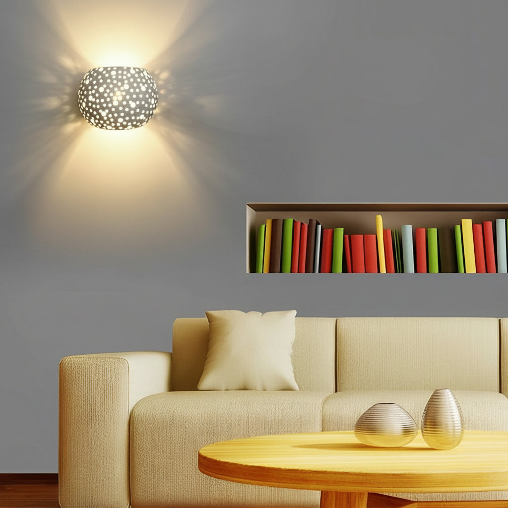Freyza - Nordische Wandleuchte rund hohl Gips Weiß LED 15cm / 6in streichbar Auf/Ab Leuchte