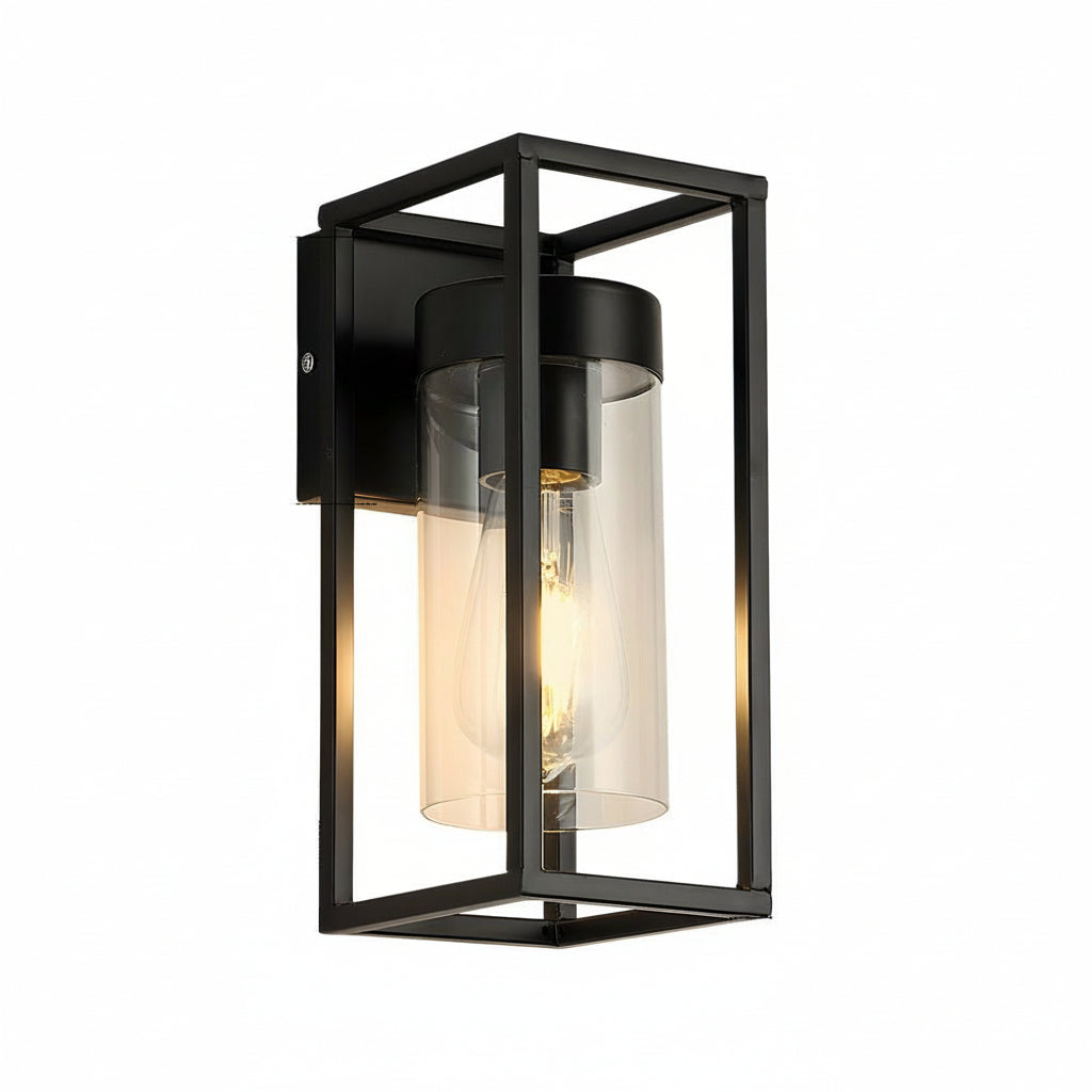 Freyza - LED Wall Sconce Light – Industrial Retro Black Iron Clear Glass (27x12cm / 10.6x4.7in