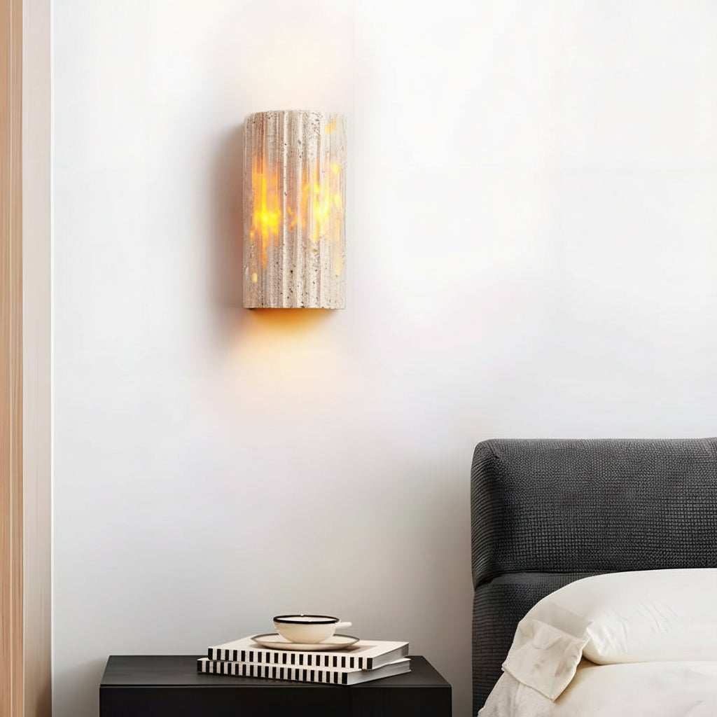 Freyza - LED Wall Sconce Light – Modern Minimalist Natural Travertine Stone (16.5x9cm / 6.5x3.5in)