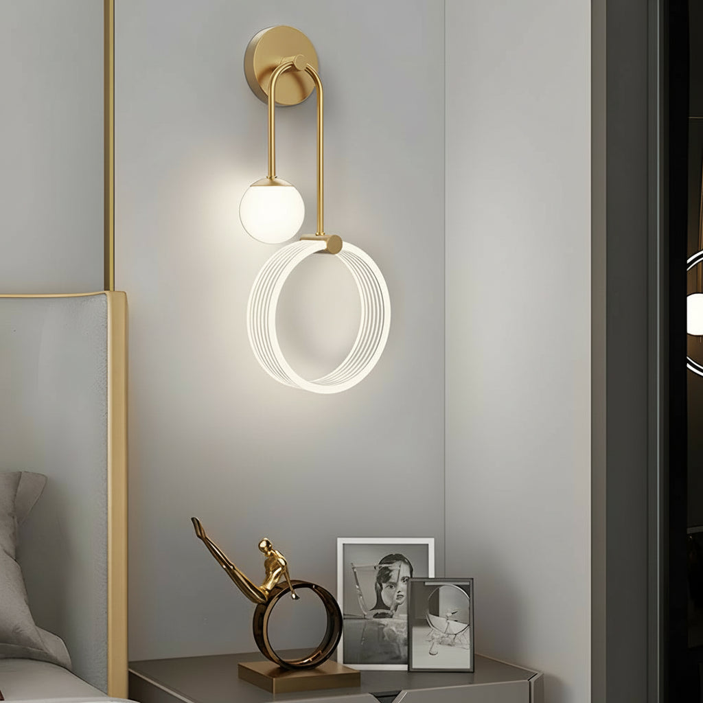 Freyza - LED Wall Sconce Light – Modern 2-Light Gold Acrylic Ring Frosted Globe (45x23cm / 17.7x9.1in)
