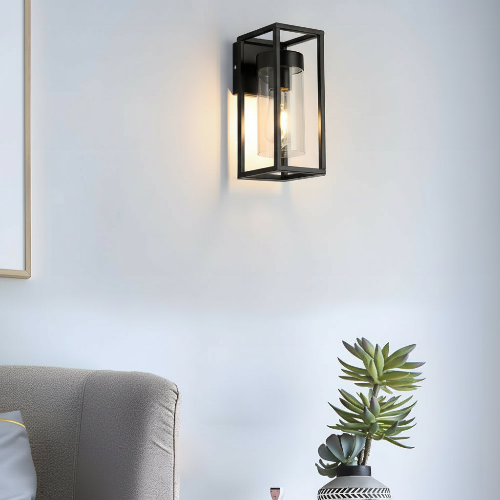 Freyza - LED Wall Sconce Light – Industrial Retro Black Iron Clear Glass (27x12cm / 10.6x4.7in