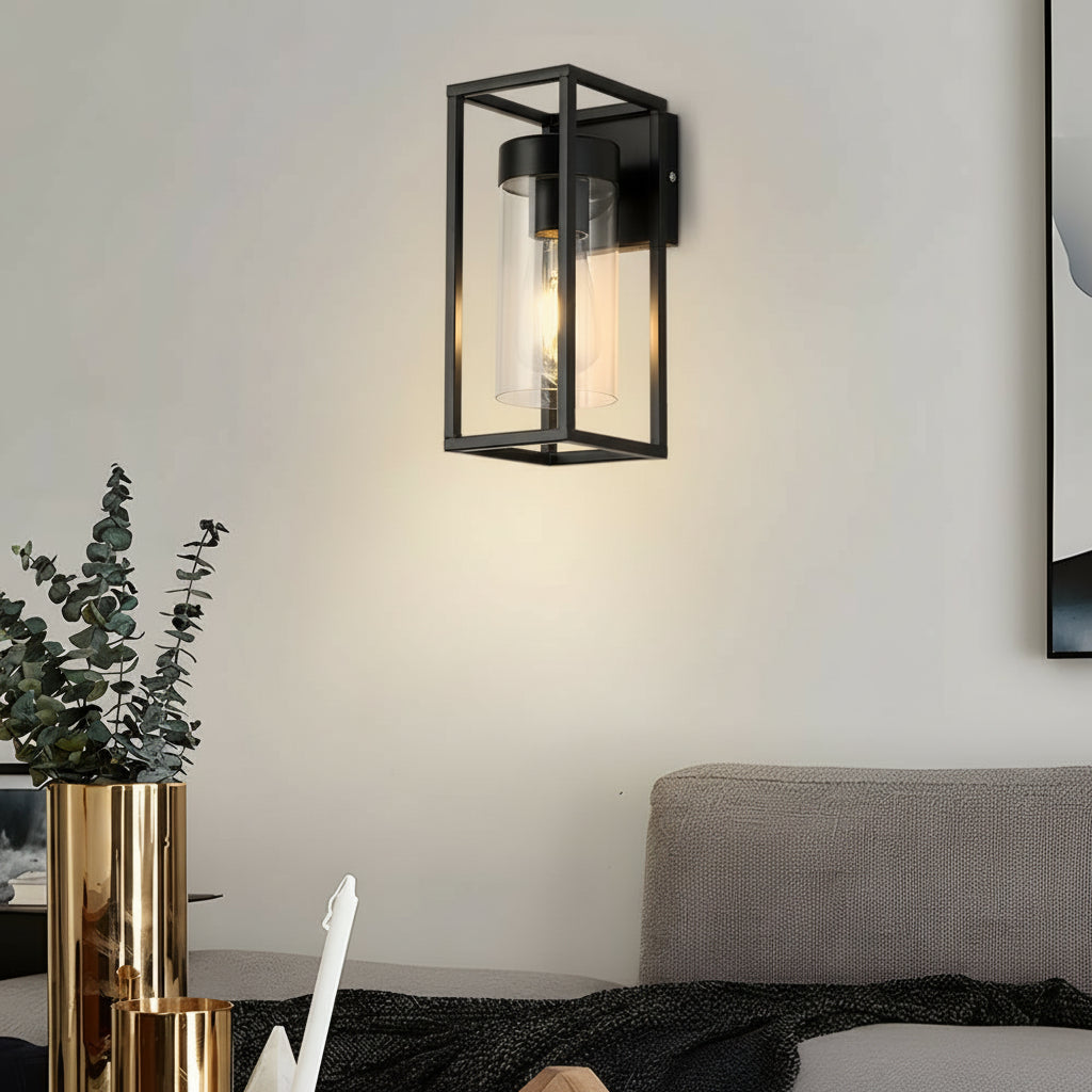 Freyza - LED Wall Sconce Light – Industrial Retro Black Iron Clear Glass (27x12cm / 10.6x4.7in