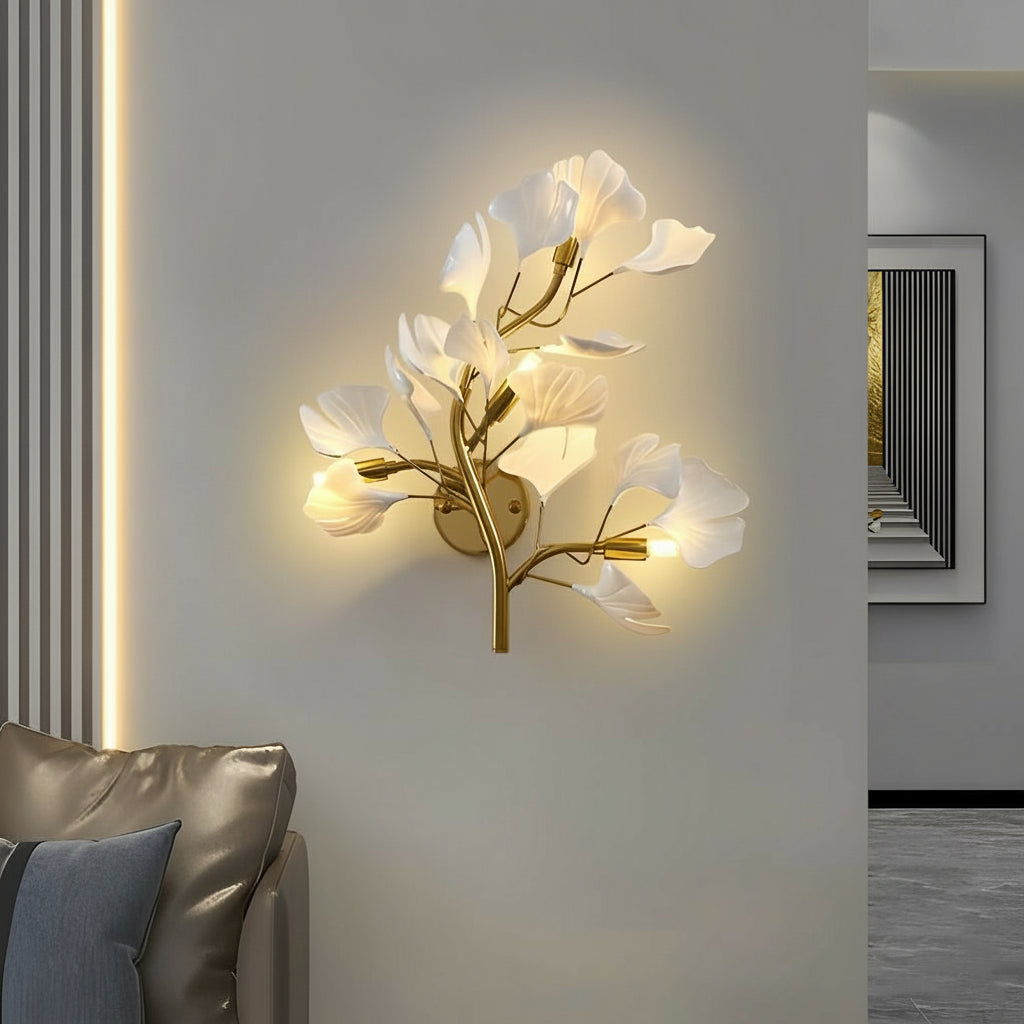 Freyza - Nordic Gold Leaves & Branches Wall Sconce – 3-Color Dimmable LED Botanical Art Light - Iron