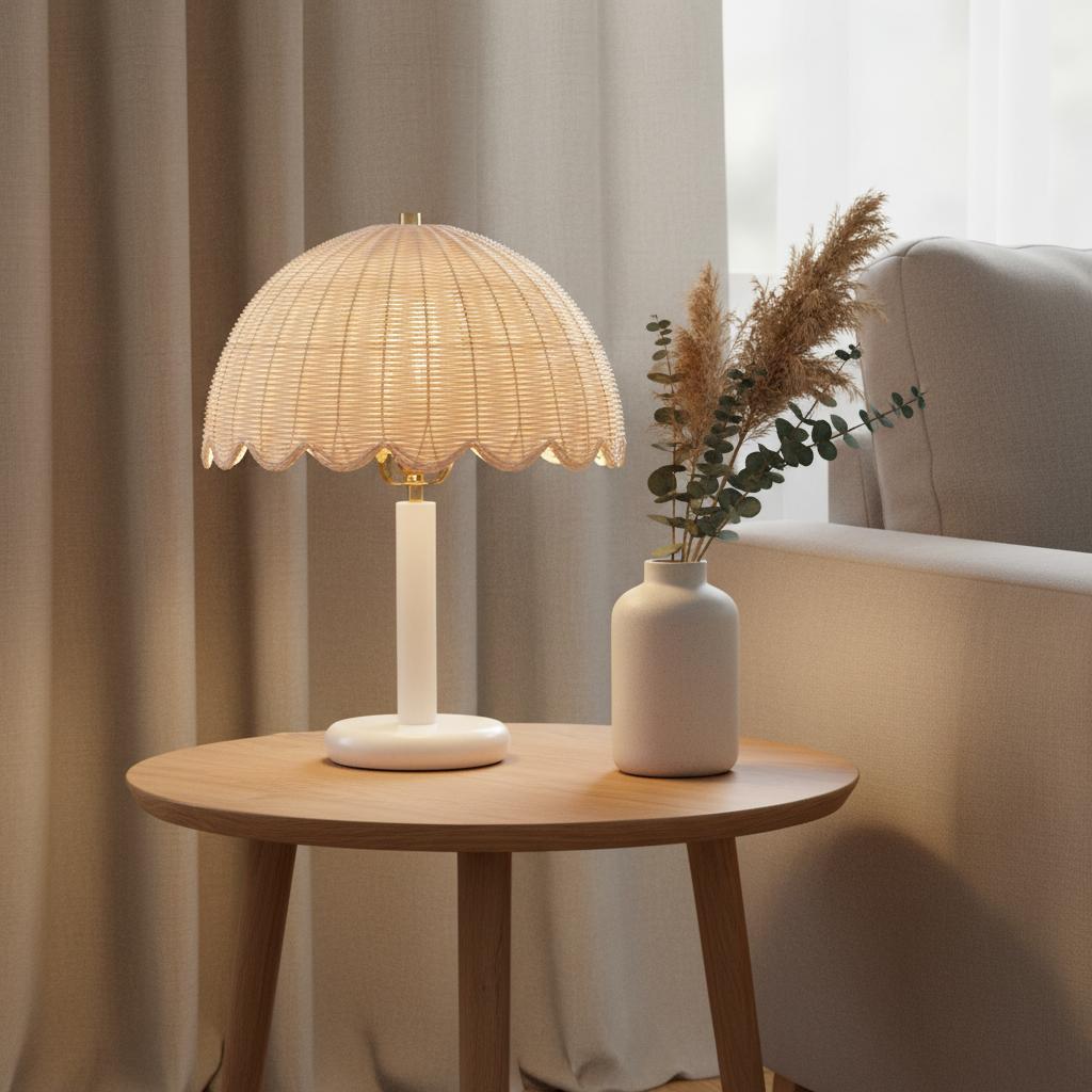 Freyza | Tischlampe aus Rattan und Holz – Nachttischlampe fürs Schlafzimmer