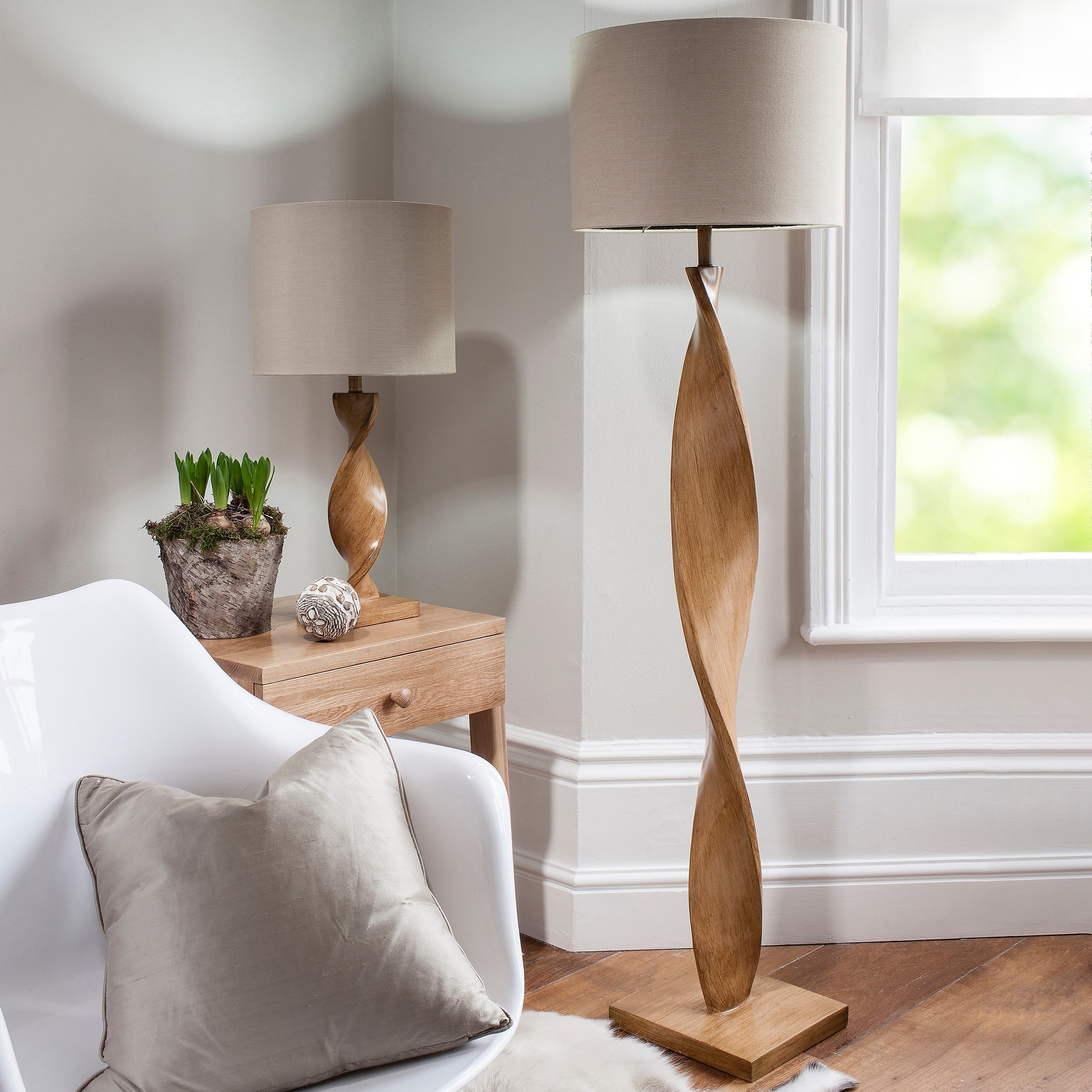 Freyza - Endon Abia Wood Floor Lamp with Linen Shade