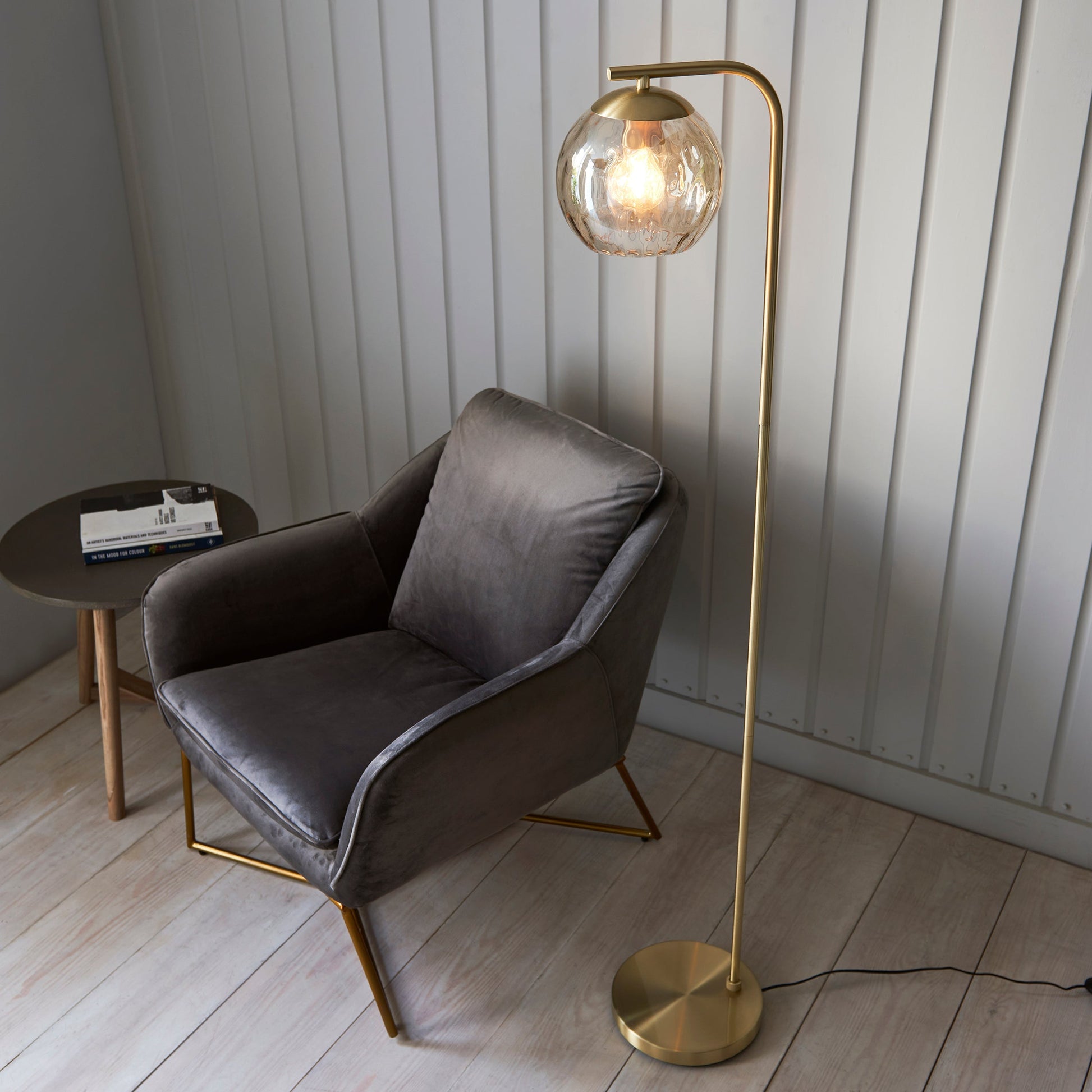 LustreGlow | Elegant Satin Brass Modern Floor Lamp Design 3