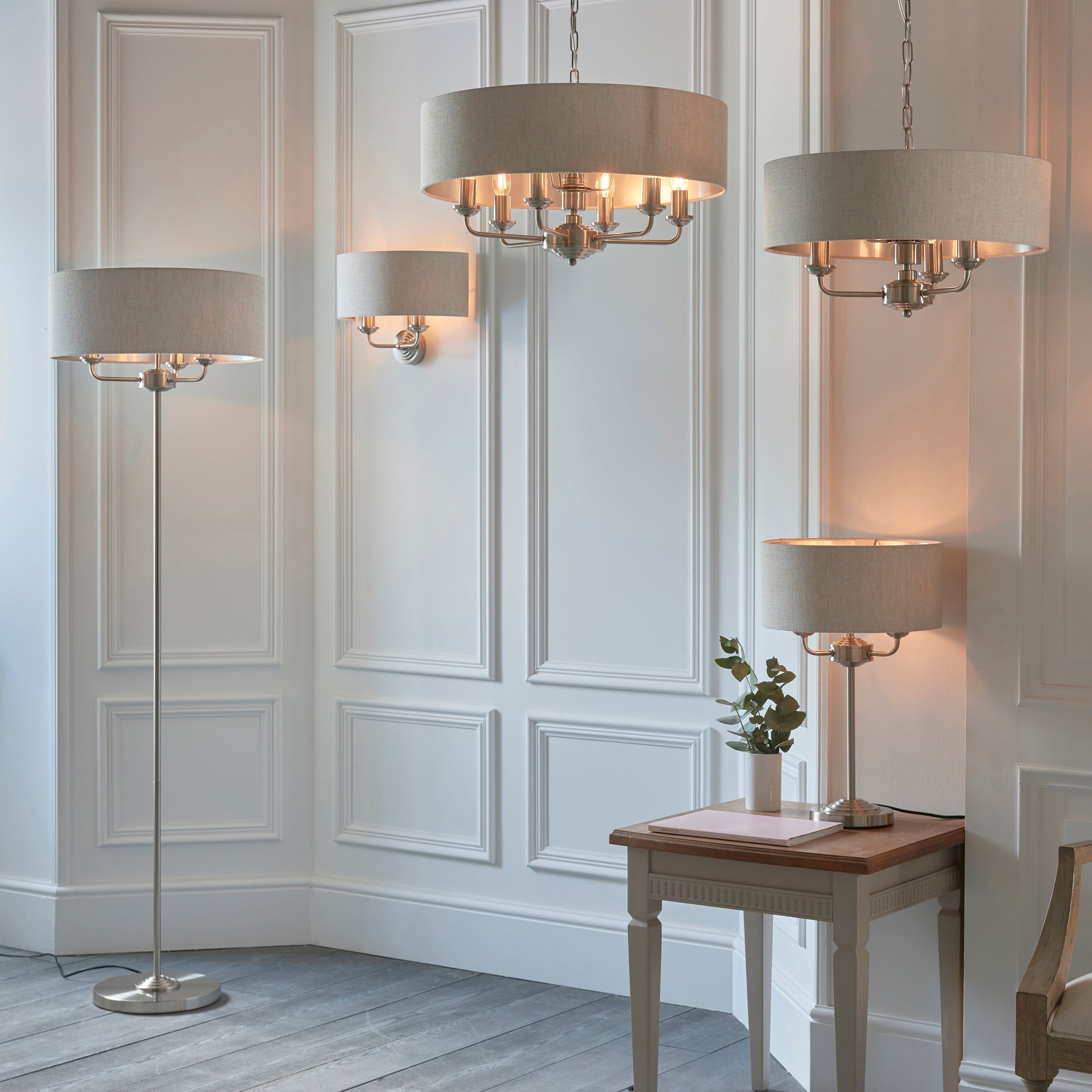 Freyza - Endon Highclere Floor Lamp Brushed Chrome & Natural