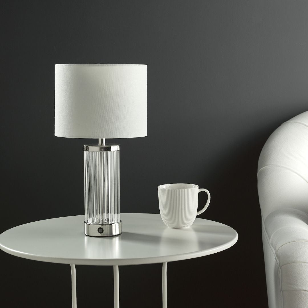 Freyza - Polished Nickel & Ribbed Glass Rechargeable Table Lamp | Cordless LED Touch Lamp with 3-Stage Dimmer | Elegant Bedside & Living Room Lighting