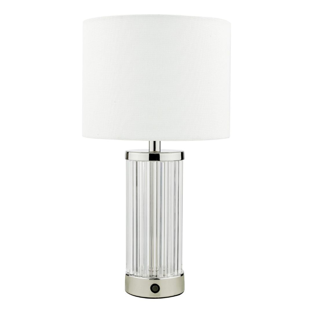 Freyza - Polished Nickel & Ribbed Glass Rechargeable Table Lamp | Cordless LED Touch Lamp with 3-Stage Dimmer | Elegant Bedside & Living Room Lighting