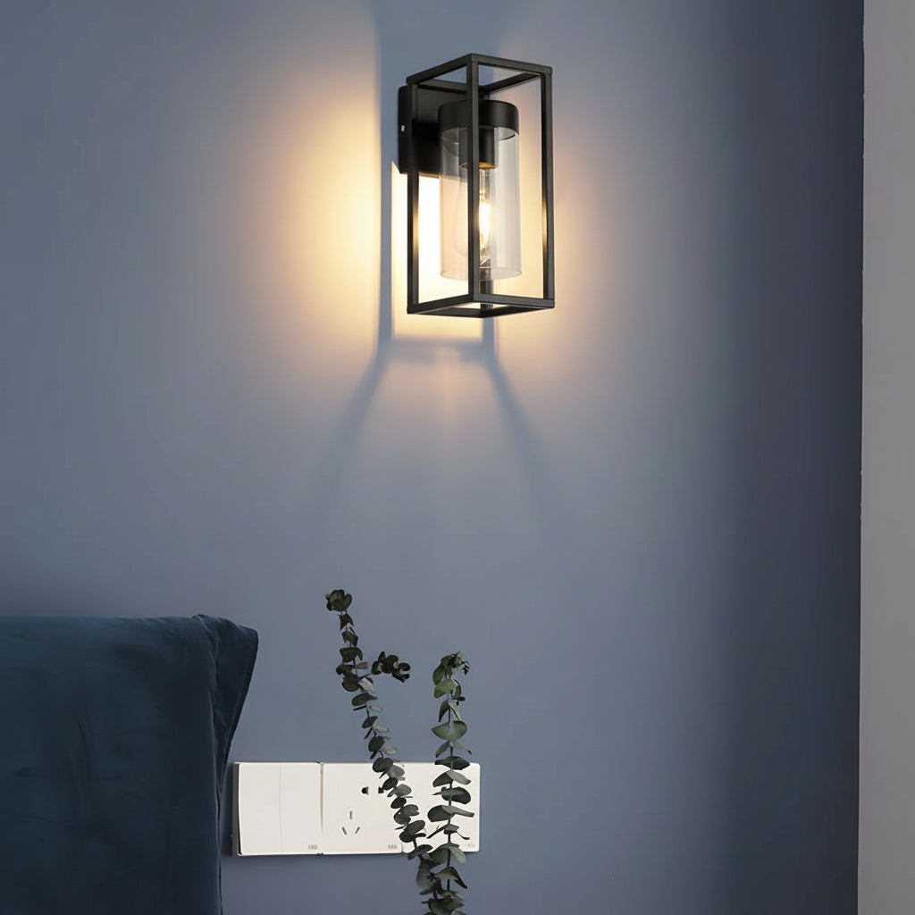 Freyza - LED Wall Sconce Light – Industrial Retro Black Iron Clear Glass (27x12cm / 10.6x4.7in