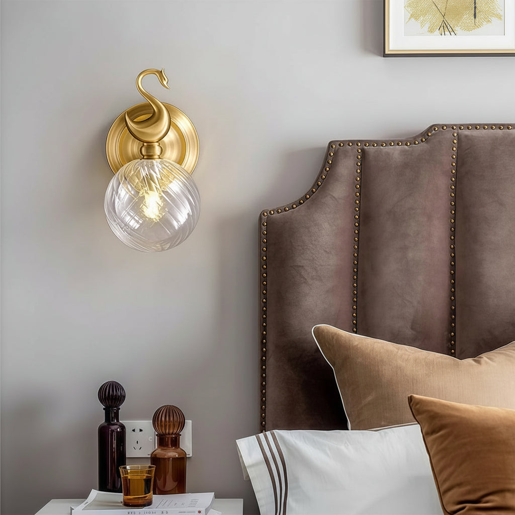 Freyza - LED Wall Sconce – Swan Motif Brass Swirl Glass G9 (23cm / 9in)