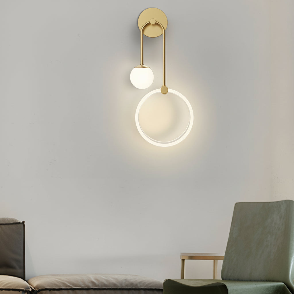 Freyza - LED Wall Sconce Light – Modern 2-Light Gold Acrylic Ring Frosted Globe (45x23cm / 17.7x9.1in)