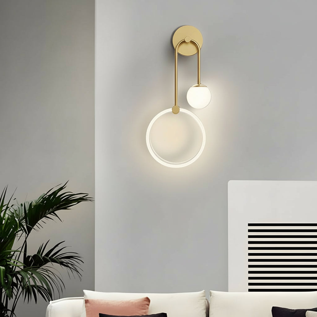 Freyza - LED Wall Sconce Light – Modern 2-Light Gold Acrylic Ring Frosted Globe (45x23cm / 17.7x9.1in)