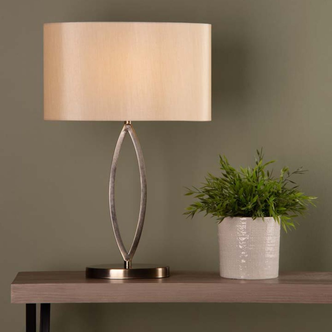 Freyza - 55cm Table Lamp Antique Brass | Traditional Cut-Out Oval Base Design | Warm Golden Fabric Shade for Living Room & Bedroom