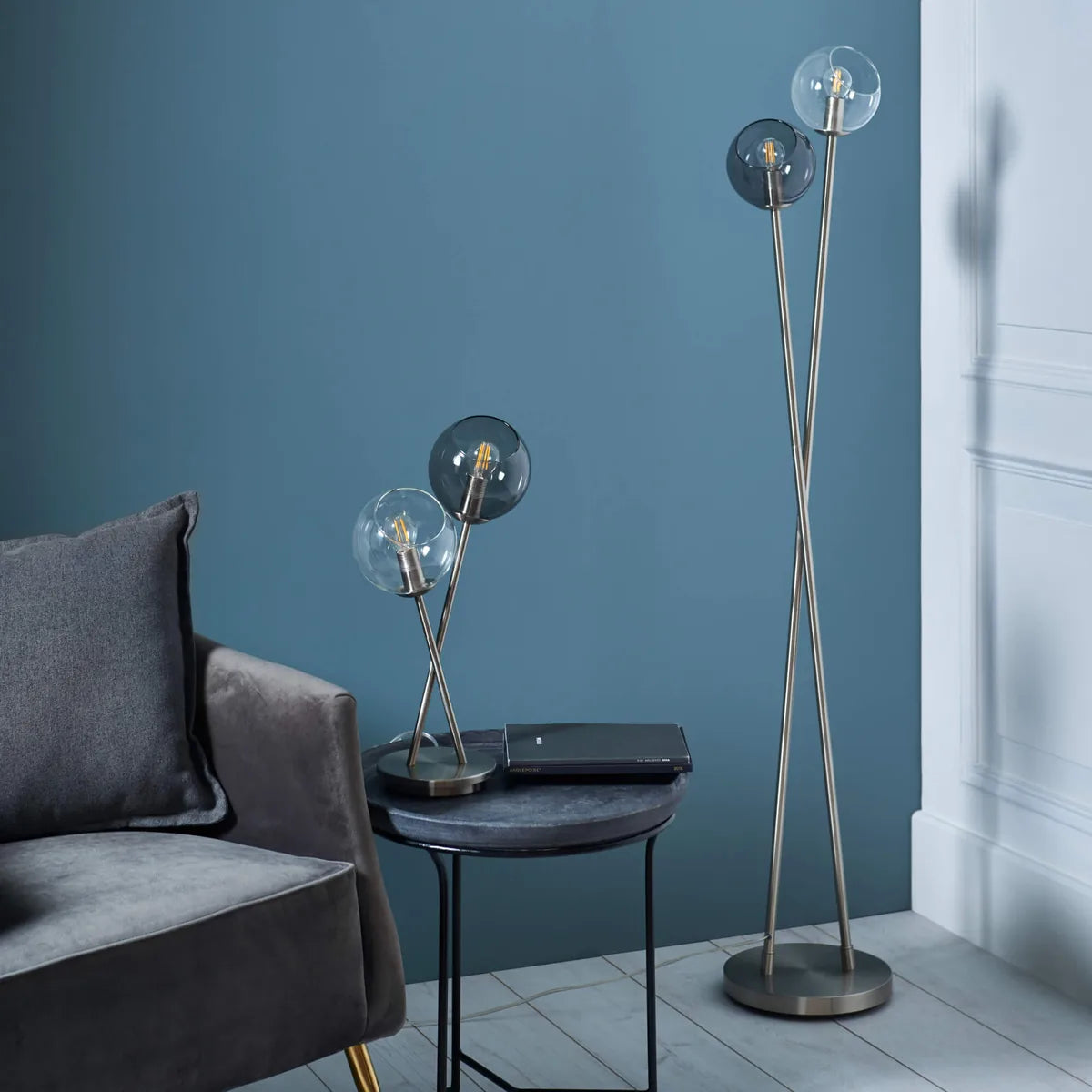 Branco | Stylish Elegant Satin Nickel Smoked Glass Table Lamp 10