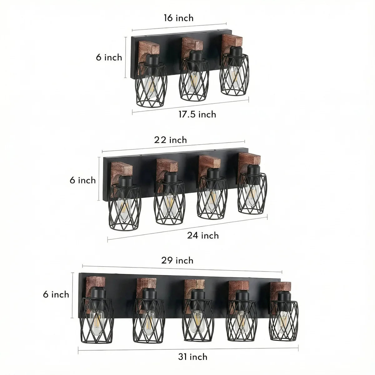 Freyza - Bathroom Vanity Light Industrial Cage Matte Black Walnut Wood 40-110cm