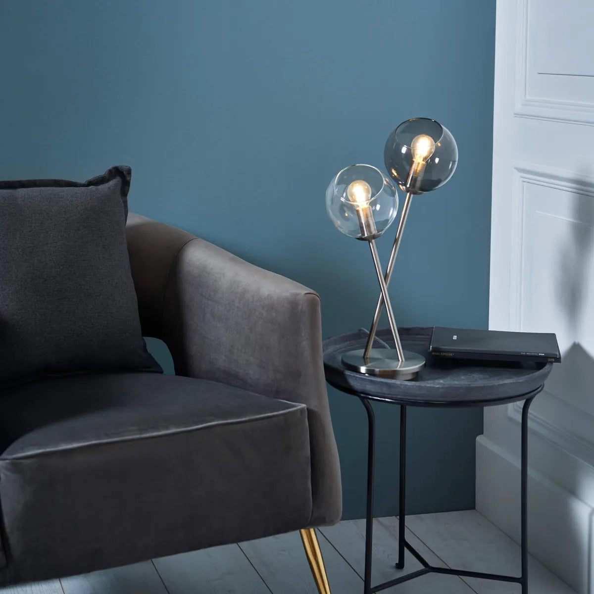 Branco | Stylish Elegant Satin Nickel Smoked Glass Table Lamp 1