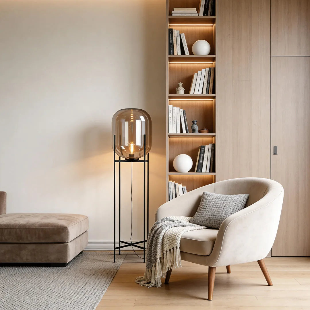 Bubbluxe | Modern Black Floor Lamp with Hand-Blown Glass Shade 2