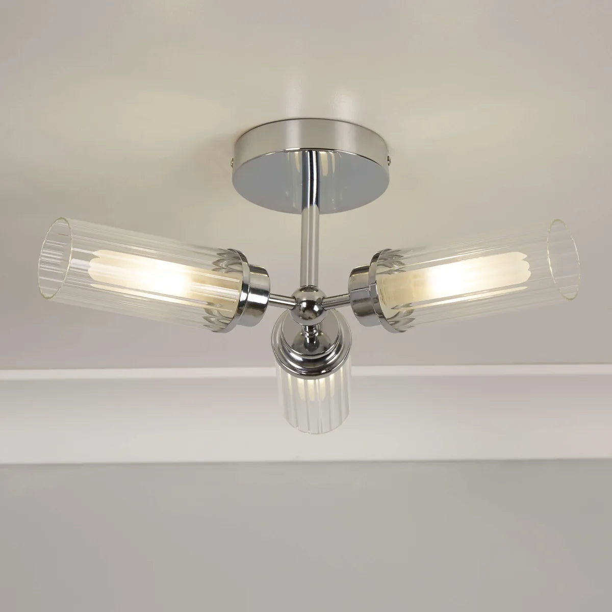 Freyza - Bathroom Ceiling Flush Light | 3-Light Chrome Fixture with Ridged Glass Shades | IP44 Rated Modern Lighting for Damp Environments