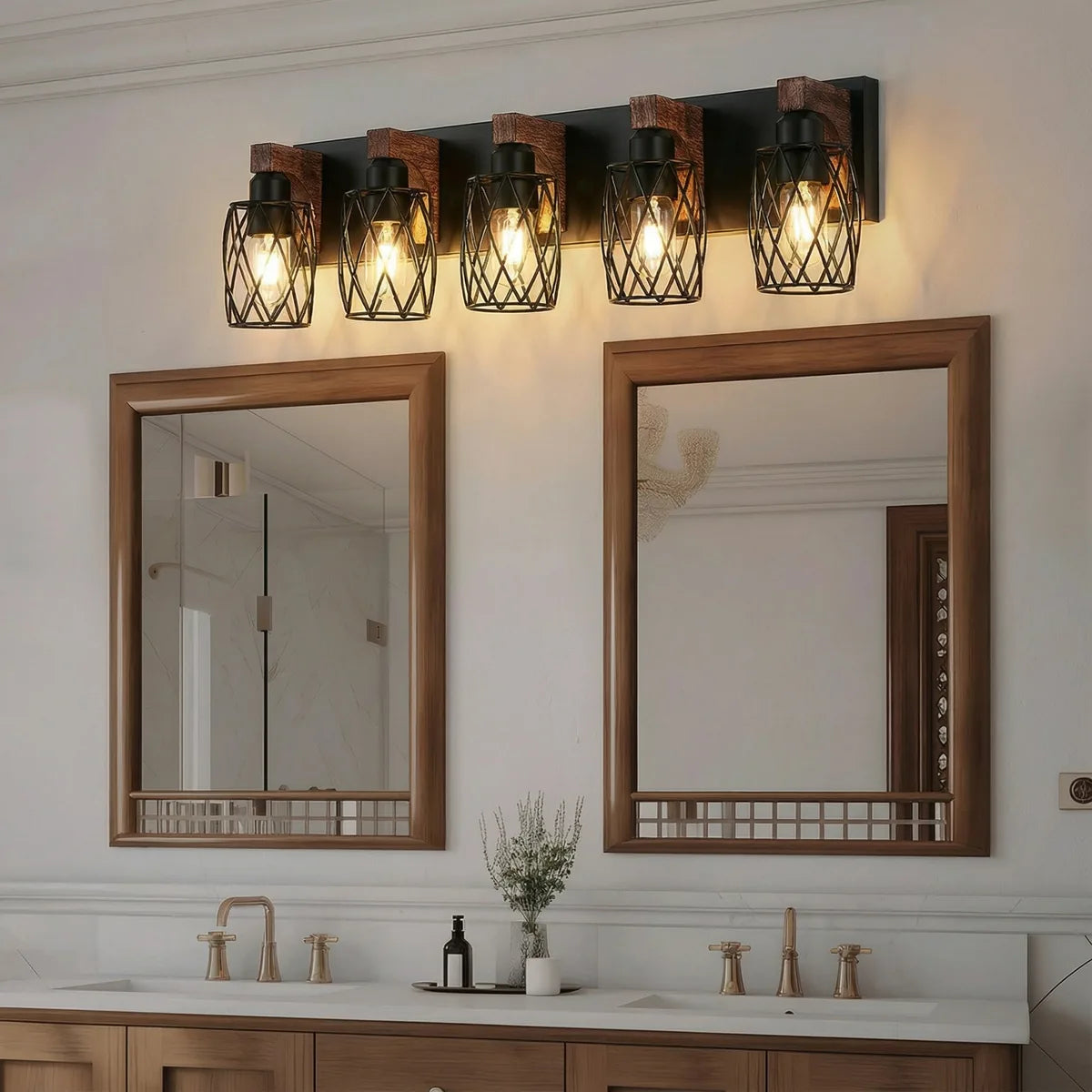 Freyza - Bathroom Vanity Light Industrial Cage Matte Black Walnut Wood 40-110cm