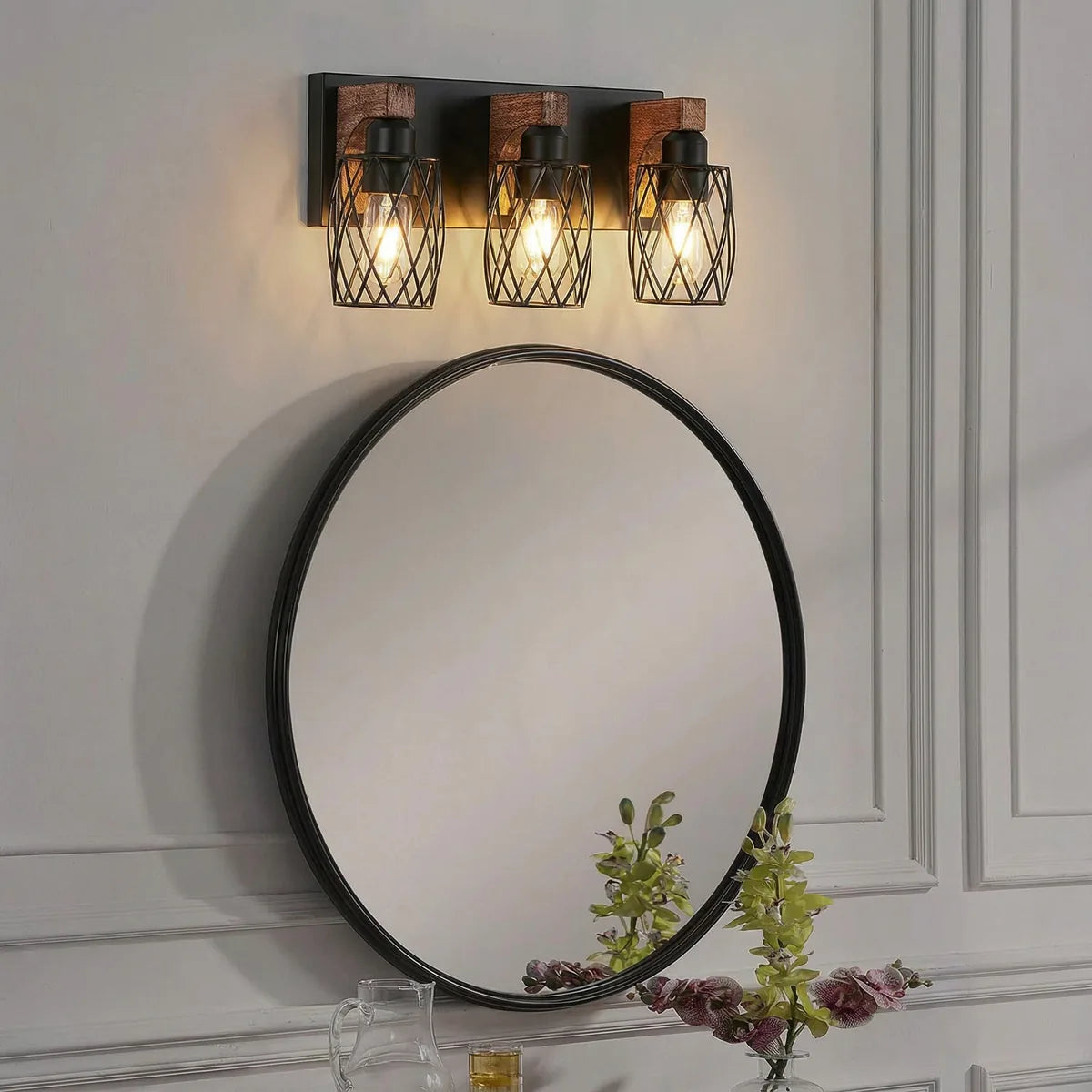 Freyza - Bathroom Vanity Light Industrial Cage Matte Black Walnut Wood 40-110cm