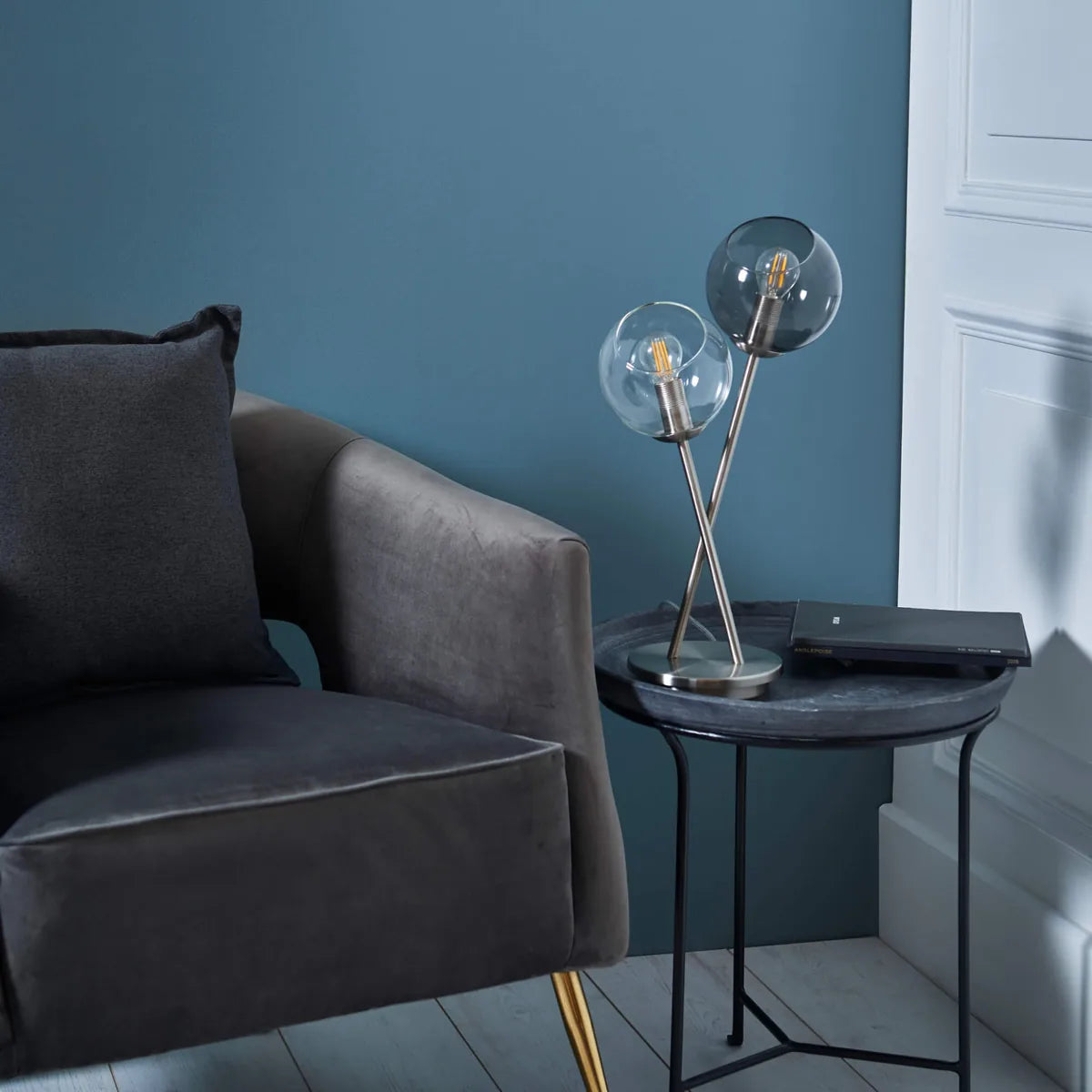 Branco | Stylish Elegant Satin Nickel Smoked Glass Table Lamp 2