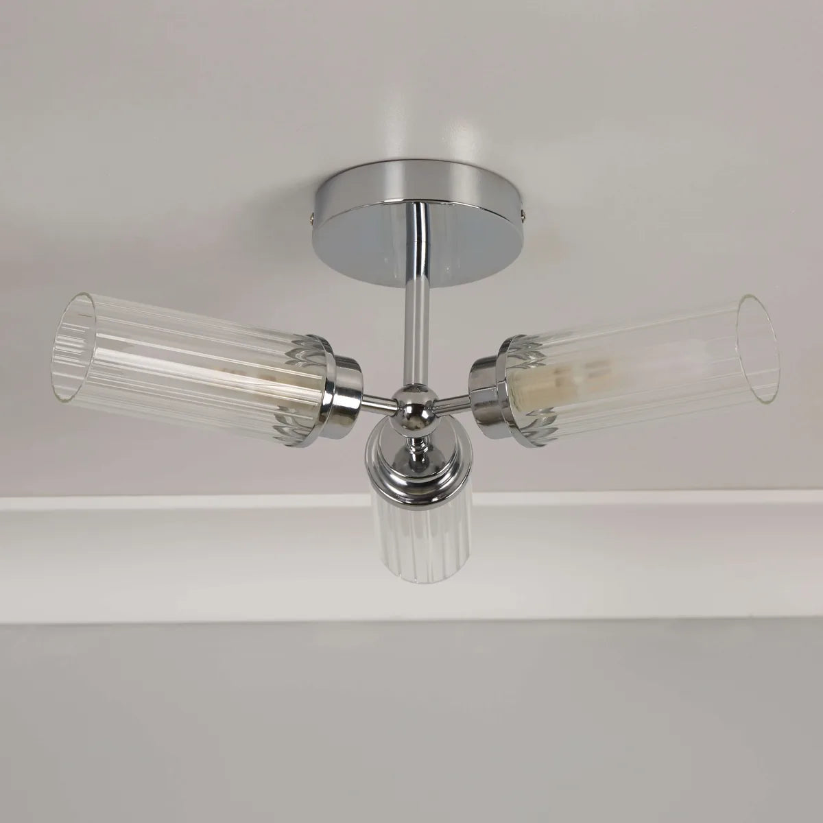 Freyza - Bathroom Ceiling Flush Light | 3-Light Chrome Fixture with Ridged Glass Shades | IP44 Rated Modern Lighting for Damp Environments