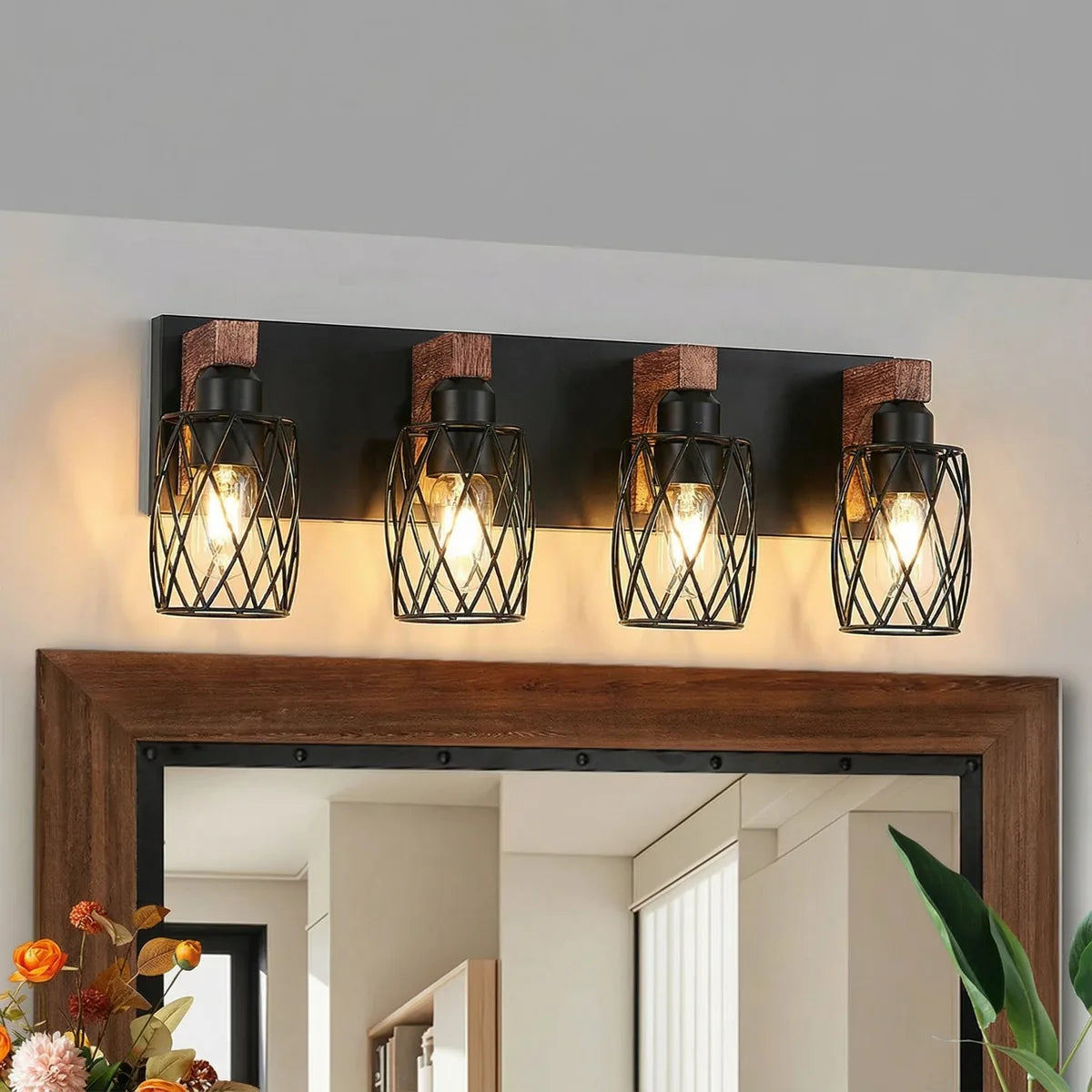 Freyza - Bathroom Vanity Light Industrial Cage Matte Black Walnut Wood 40-110cm