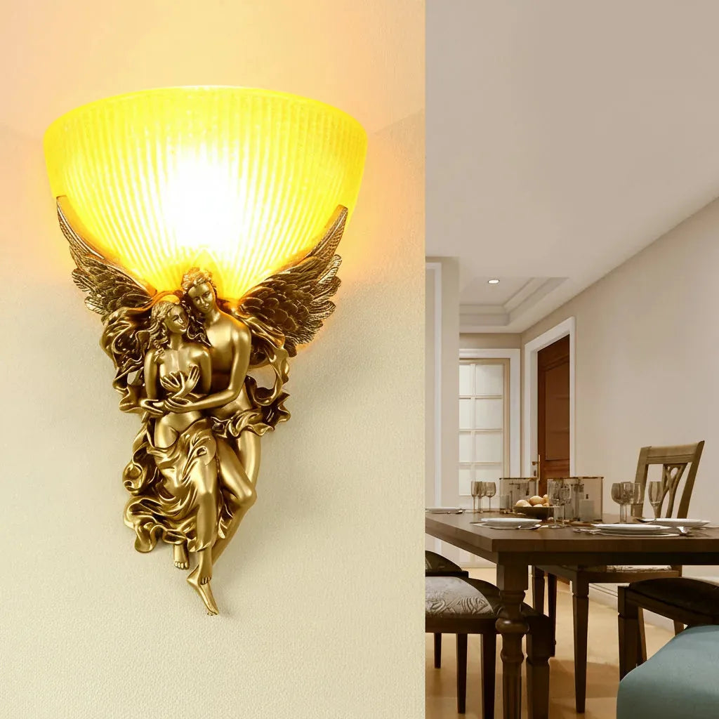Freyza - Angel Wall Sconce – 3D Art Sculpture Retro Gold Resin Glass E27 (24x37cm)