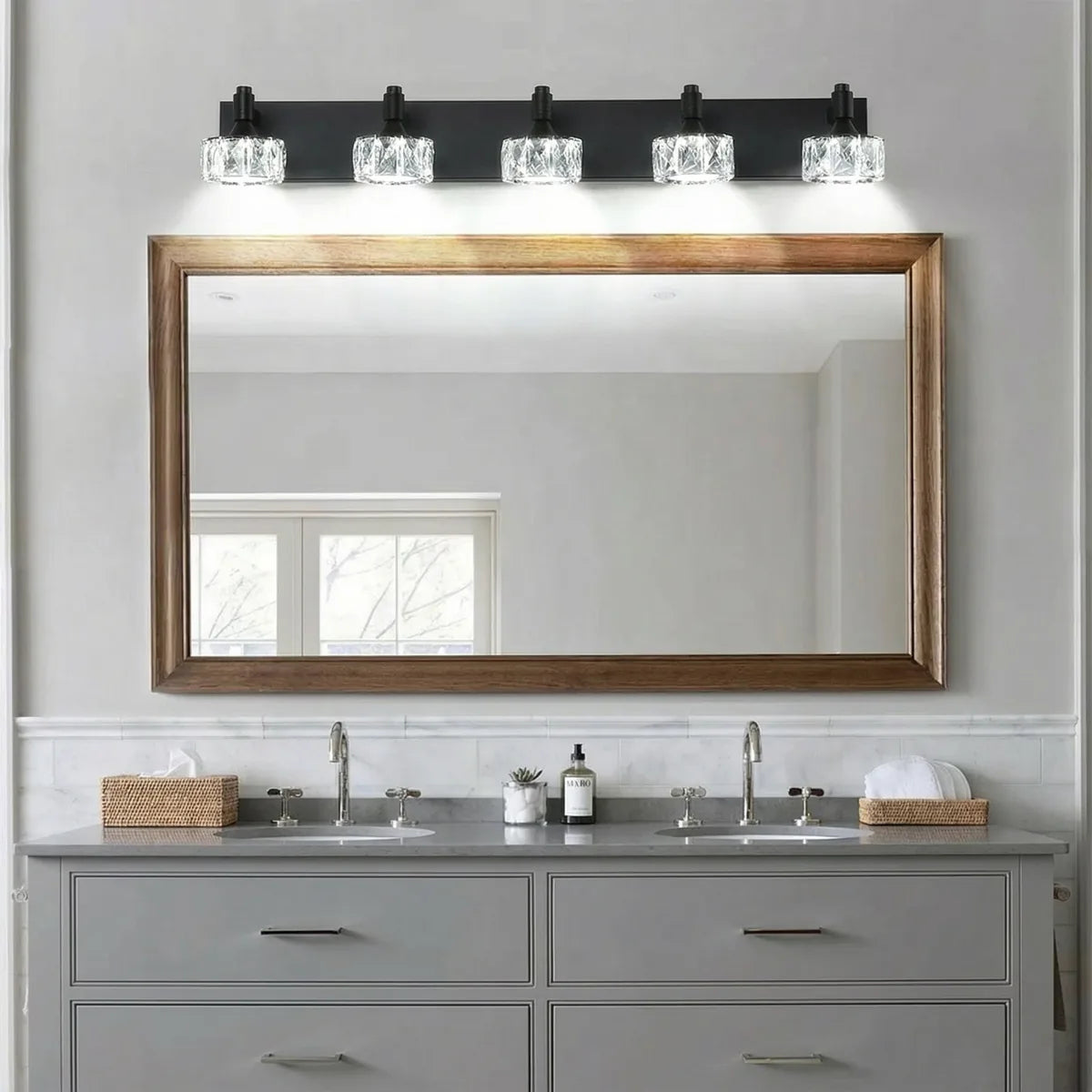 Freyza - Bathroom Vanity Sconce LED 4-6 Light Matte Black Crystal Glass Wall Light