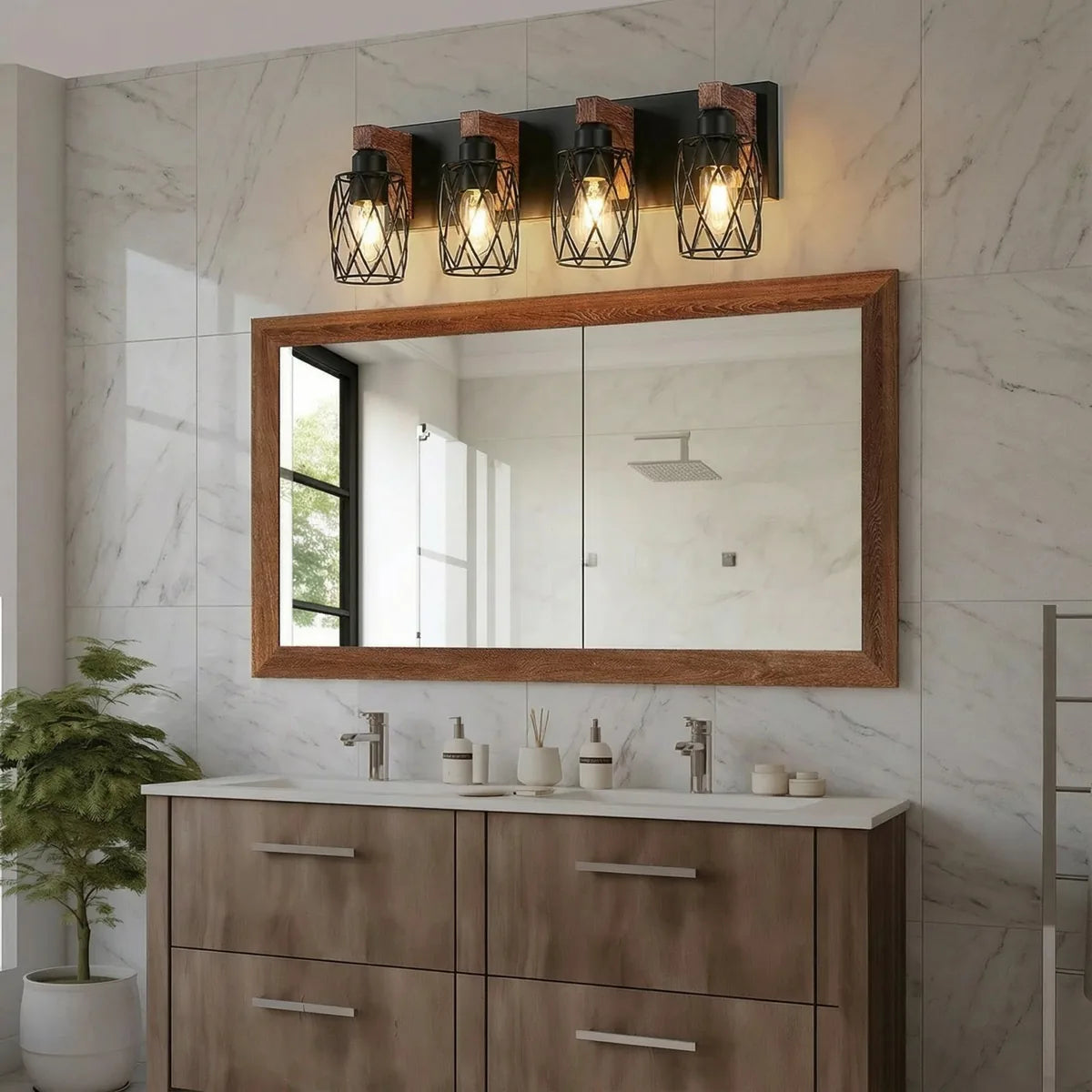 Freyza - Bathroom Vanity Light Industrial Cage Matte Black Walnut Wood 40-110cm