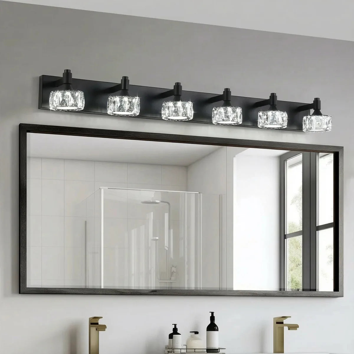 Freyza - Bathroom Vanity Sconce LED 4-6 Light Matte Black Crystal Glass Wall Light