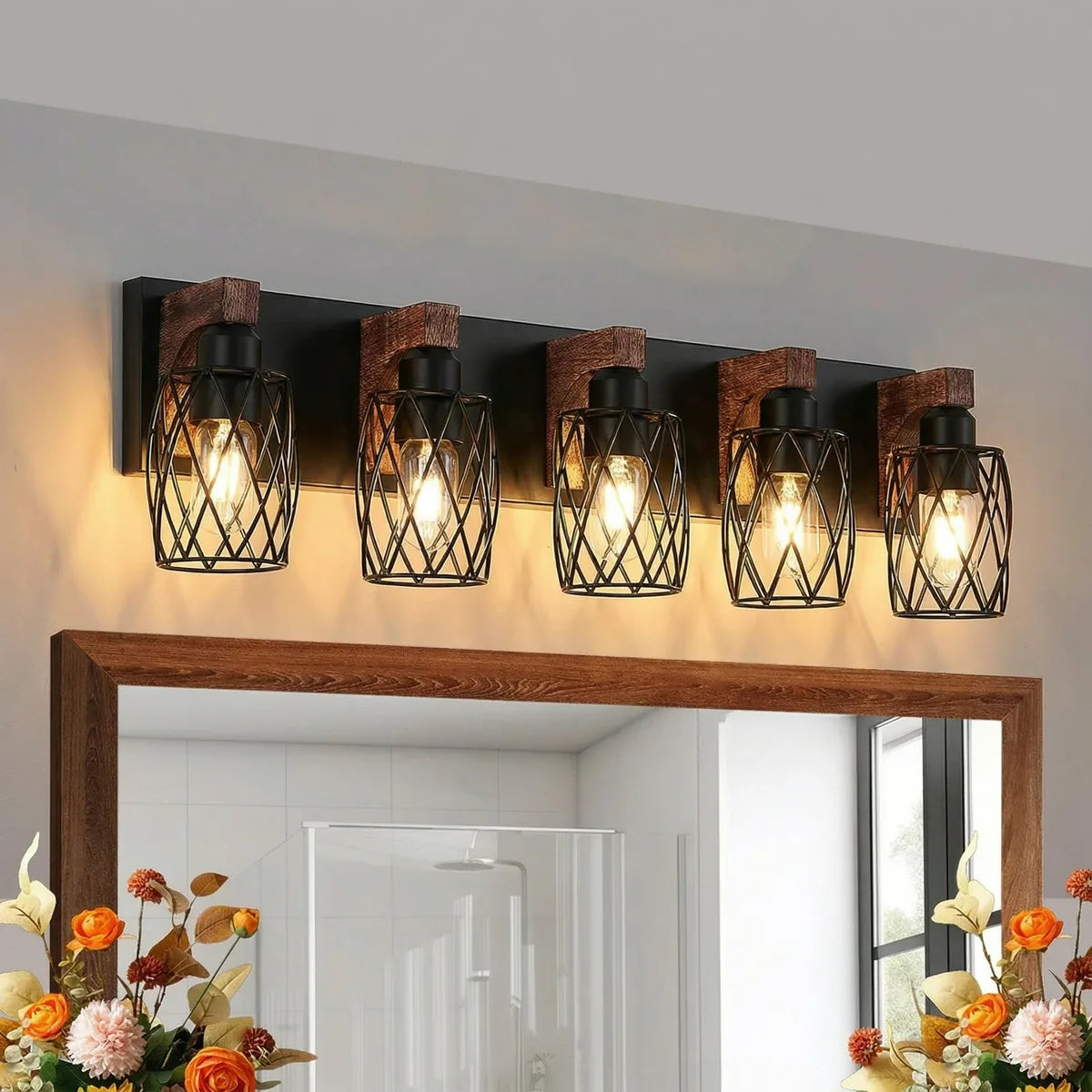 Freyza - Bathroom Vanity Light Industrial Cage Matte Black Walnut Wood 40-110cm