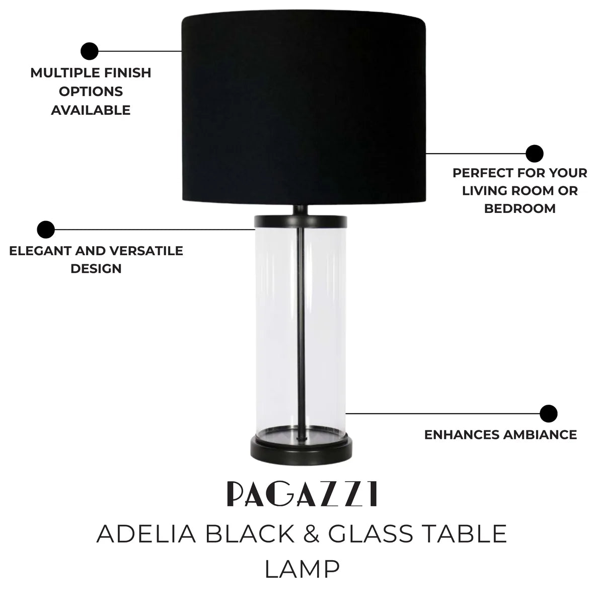 Freyza - Black & Glass Table Lamp | Simple Elegant Design with Clear Glass Base | Sophisticated Accent Lighting for Bedroom & Living Room