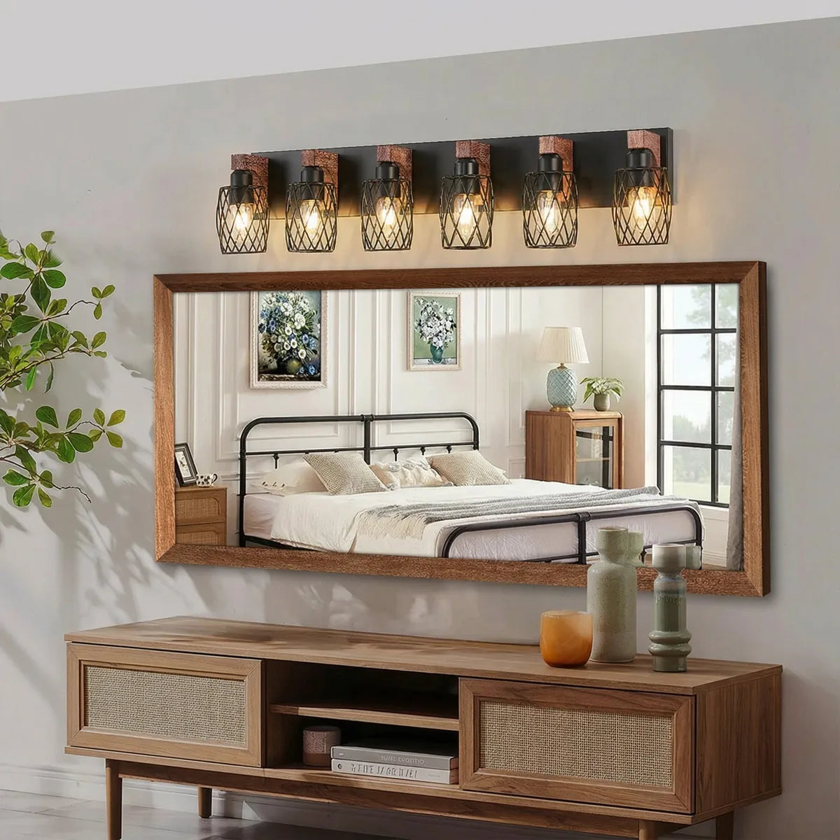 Freyza - Bathroom Vanity Light Industrial Cage Matte Black Walnut Wood 40-110cm