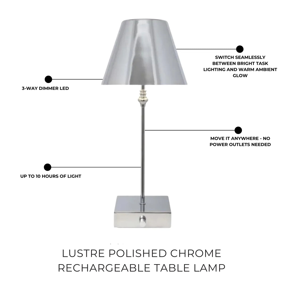 Freyza -  Polish Chrome Rechargeable Table Lamp | Sleek Minimalist LED Design with 3-Way Dimmer | Portable Cordless Lighting for Home & Office