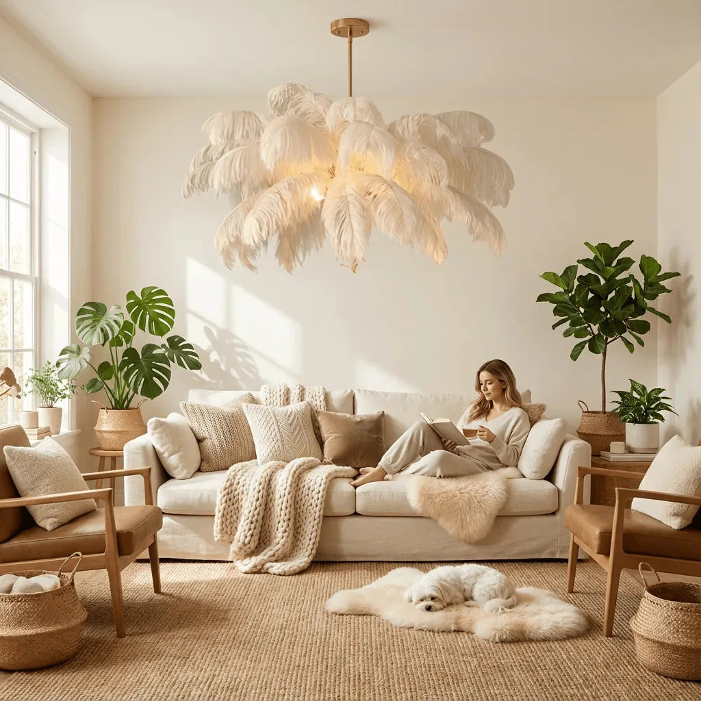 Freyza - AetherFeather | Elegant Adjustable Feather Chandelier Light