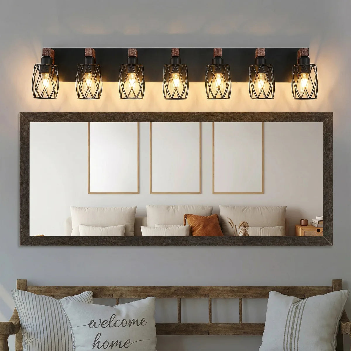 Freyza - Bathroom Vanity Light Industrial Cage Matte Black Walnut Wood 40-110cm
