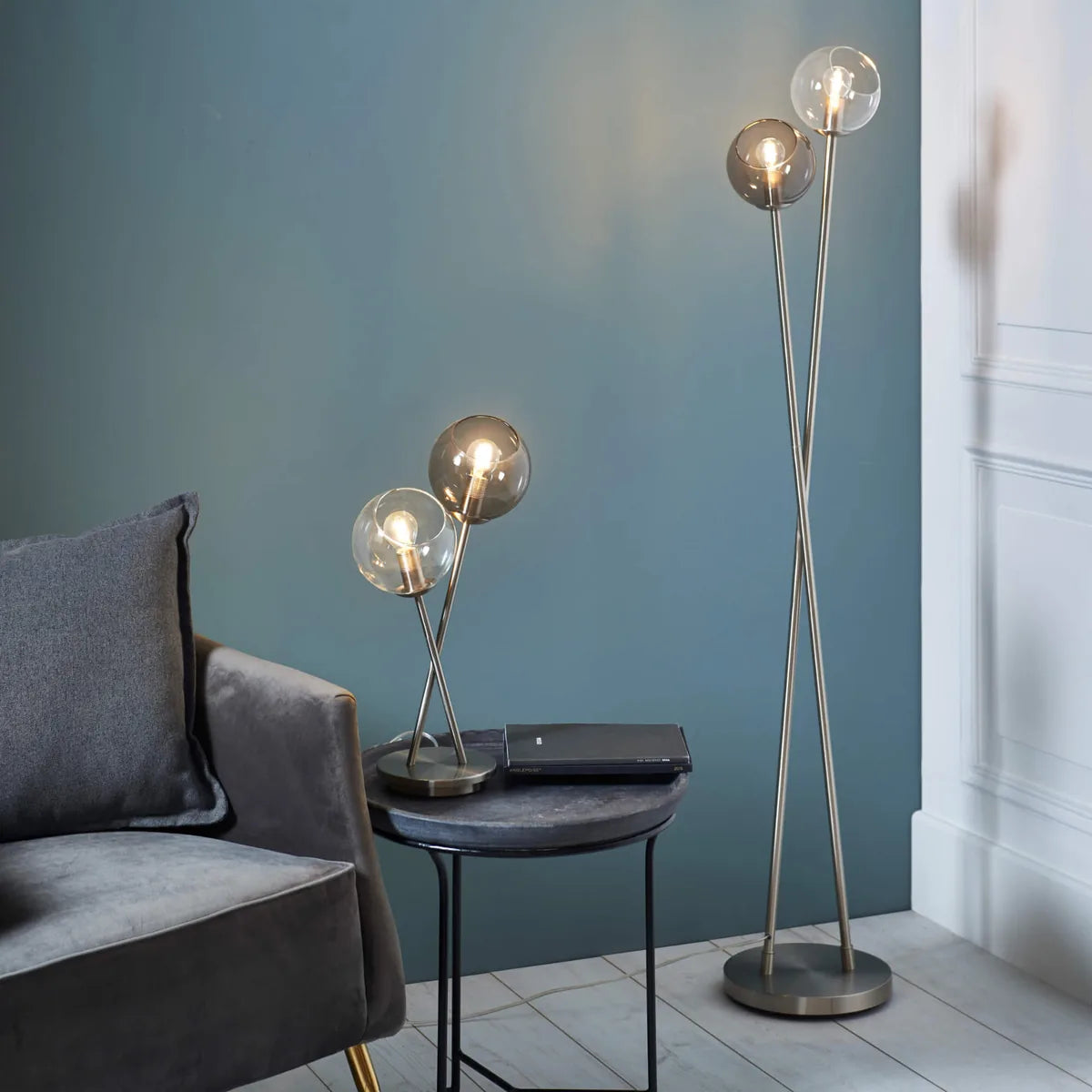 Branco | Stylish Elegant Satin Nickel Smoked Glass Table Lamp 9