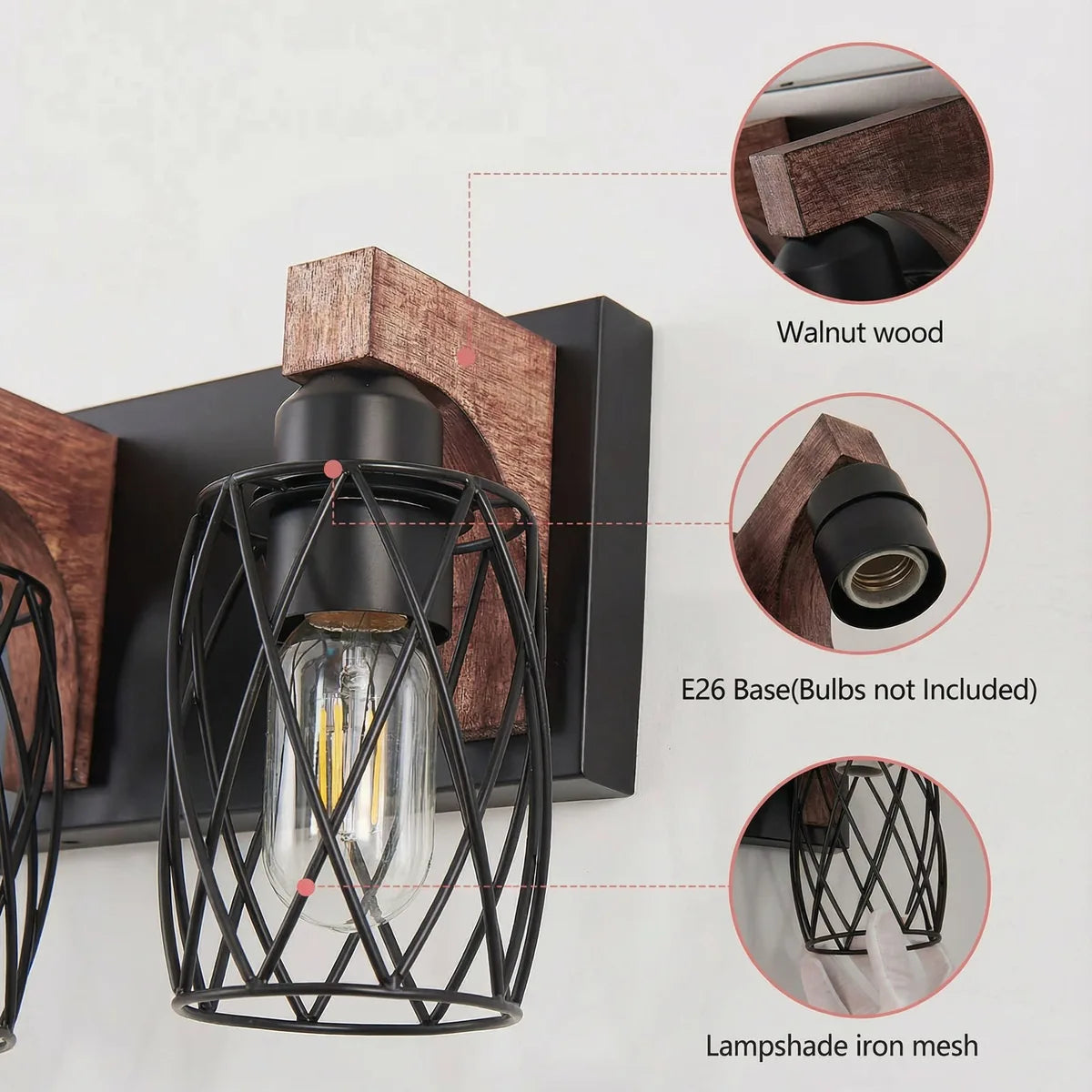 Freyza - Bathroom Vanity Light Industrial Cage Matte Black Walnut Wood 40-110cm