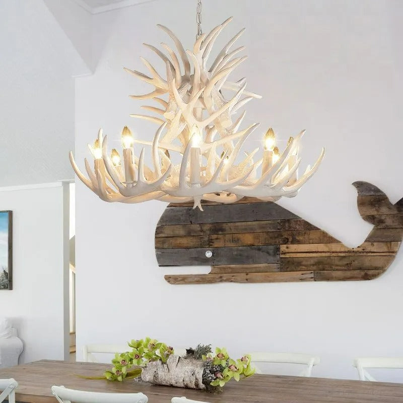 Freyza | Lustre rustique en résine avec bois de cerf Silva – Salle à manger et salon rustiques