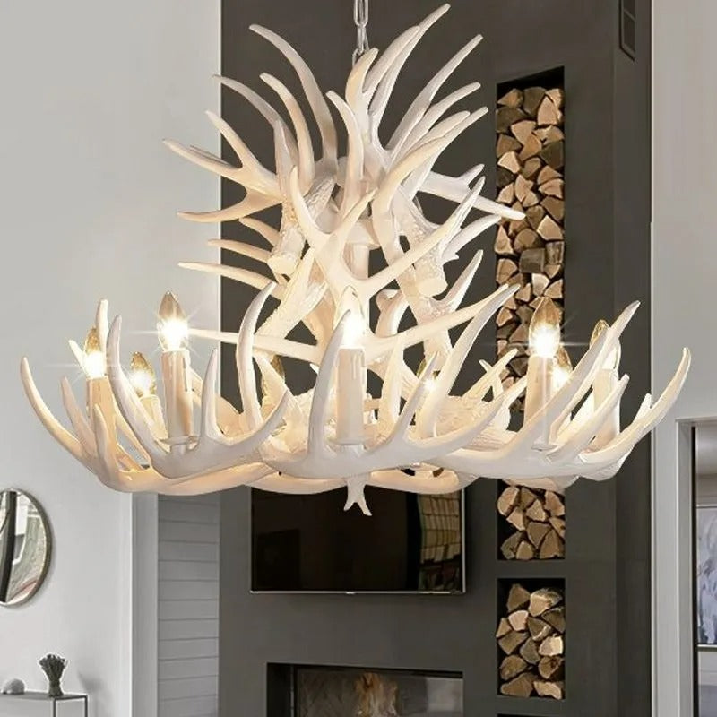 Freyza | Lustre rustique en résine avec bois de cerf Silva – Salle à manger et salon rustiques