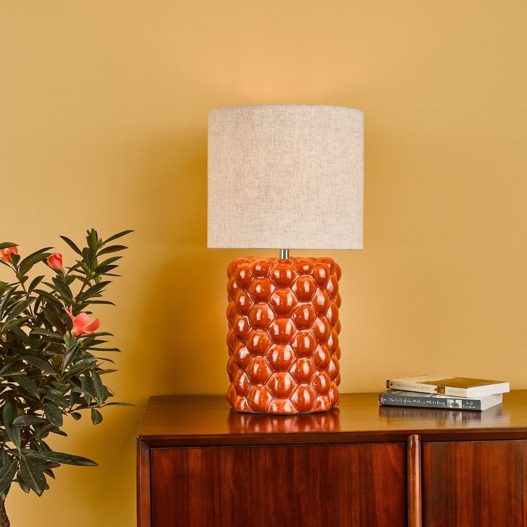 Freyza – Orange Ceramic Table Lamp | 48 cm Reactive Glaze Base with Natural Linen Shade and E27 Bulb Fitting